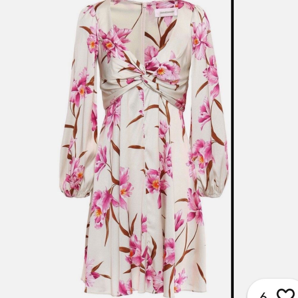 Zimmermann Cream Long Sleeve Floral Mini Dress with Pink Lilies - Picture 2 of 6